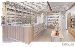ออกแบบ ผลิต และติดตั้งร้าน : ร้าน FUR Farmacy ตัวอย่างร้านขายยา พร็อบ Display ครบองค์ประกอบร้าน